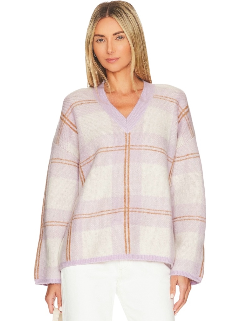Rails Colleen Sweater Lilac Plaid Mohair Wool Blend V Neck Size L